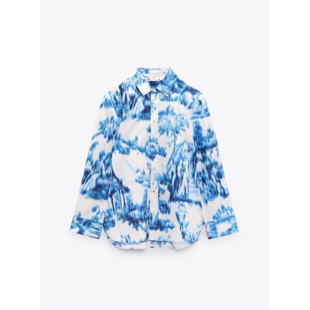 Zara white blue button up shirt